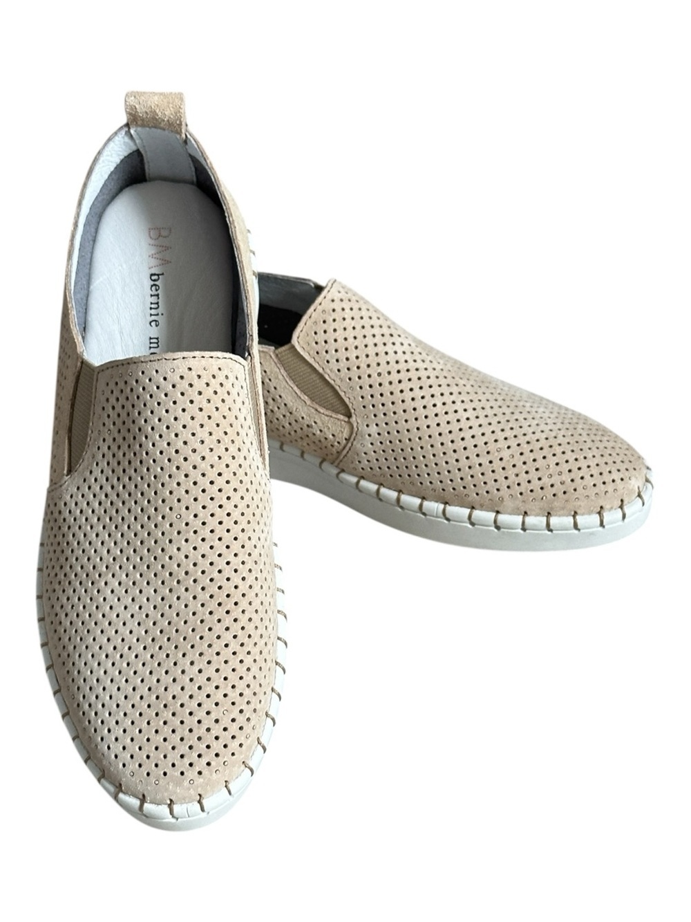 Bernie Mev Perforated Leather Slip On Sneakers Beige Taupe Comfort NWOB 7.5 38